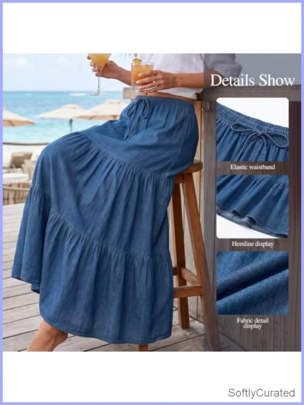 Women's Tiered Ruffled Flowy Maxi Skirt Drawstring Waist Summer Beach Casual